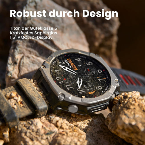 Amazfit T-Rex Ultra 2 Dualband-GPS Outdoor Smartwatch 51 mm Titangehäuse 1,5 Zoll Saphir AMOLED Display Taschenlampe 30 Tage Akkulaufzeit Offline-Karten 10 ATM 180+ Sportmodi