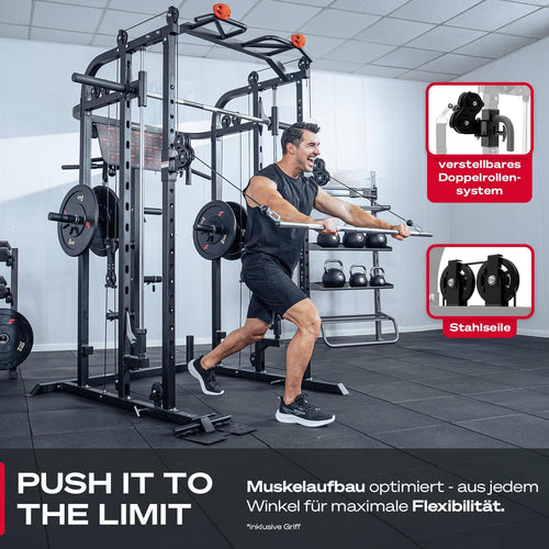 Sportstech SXM150 Smith Machine Power Rack Kabelzug Klimmzug Schwarz